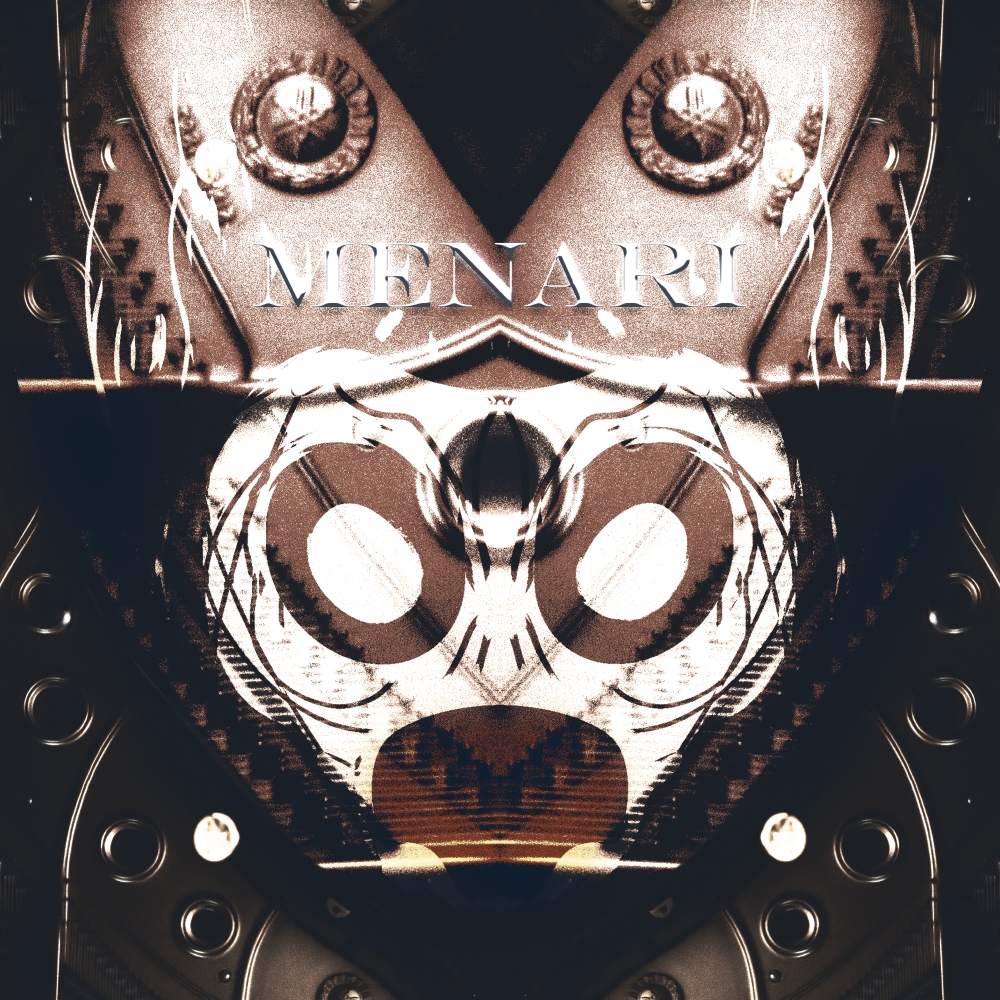 Cover image of Menari - A busy image depicting strange metal shapes colored in a bronce hue. On second look, everything is made up of different parts of a grand piano. A canid face dominating the center of the image.